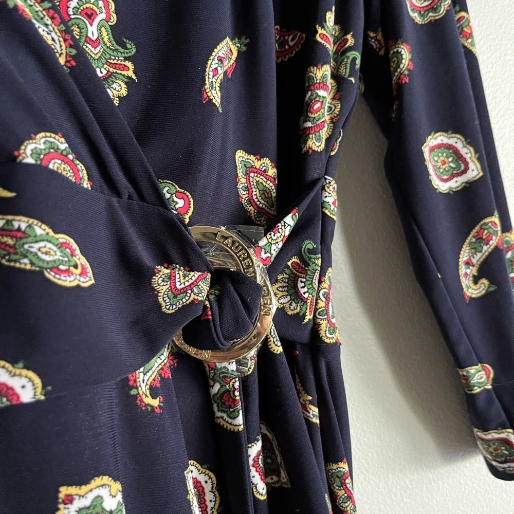 Lauren Ralph Lauren Navy Paisley Midi Dress Size 6 NWT Faux Wrap Stretch Knit - Picture 7 of 11